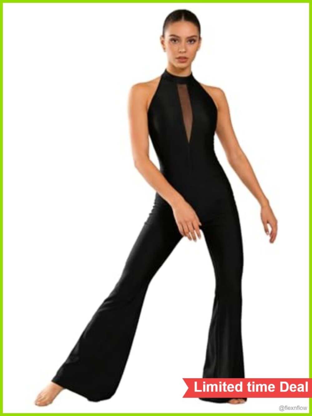 Women's Turtleneck Sheer Mesh Bell Bottom Dance Unitard Jumpsuit